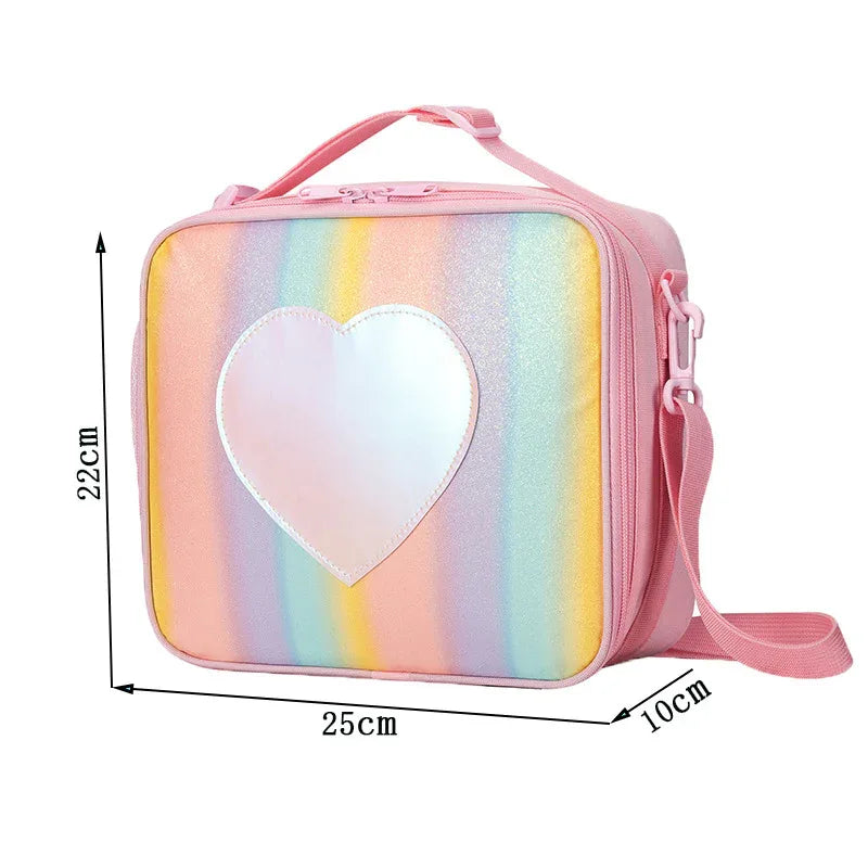 Pink Sparkling Rainbow Heart Insulated Lunch Bag for Kids - Portable School Lunch Box with Shoulder Strap - Mekamart Australia
