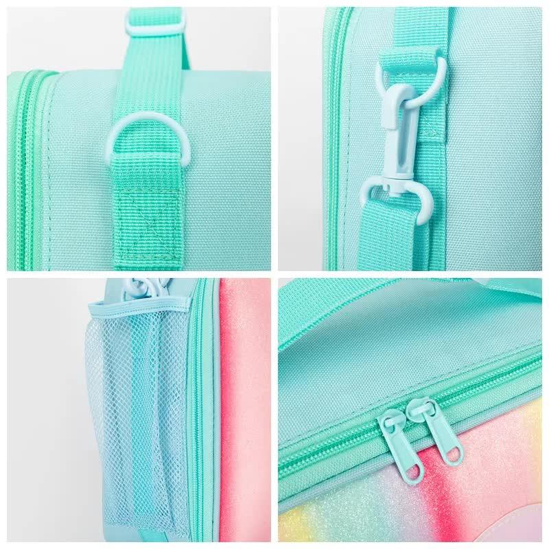 Pink Sparkling Rainbow Heart Insulated Lunch Bag for Kids - Portable School Lunch Box with Shoulder Strap - Mekamart Australia