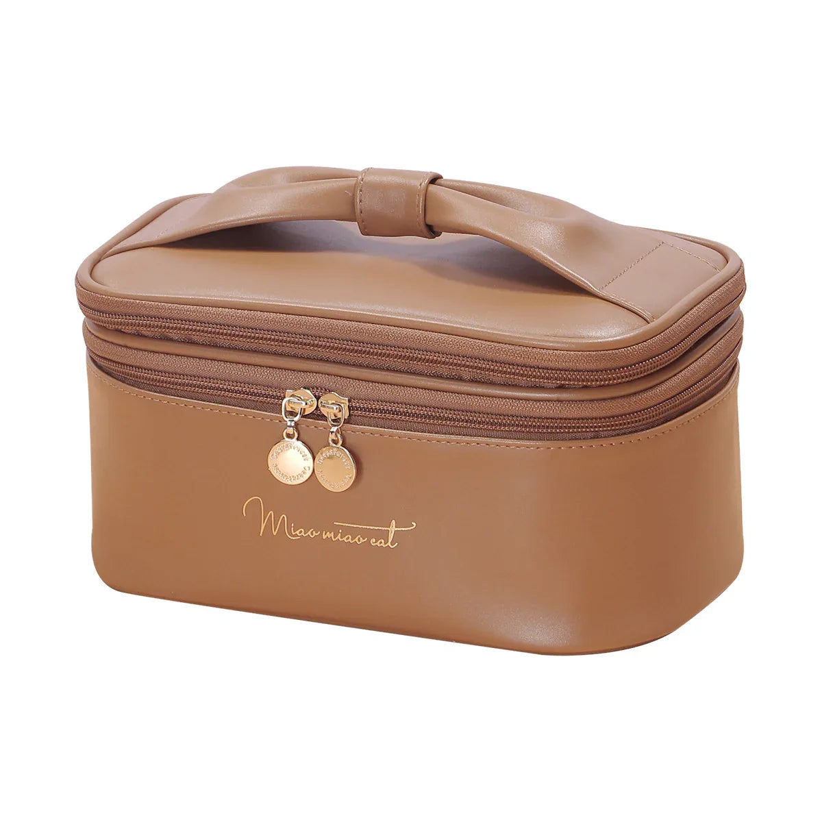 Brown Stylish PU Leather Makeup Bag - Large Capacity Double Layer Waterproof Travel Cosmetic Organizer Case for Women - Mekamart Australia