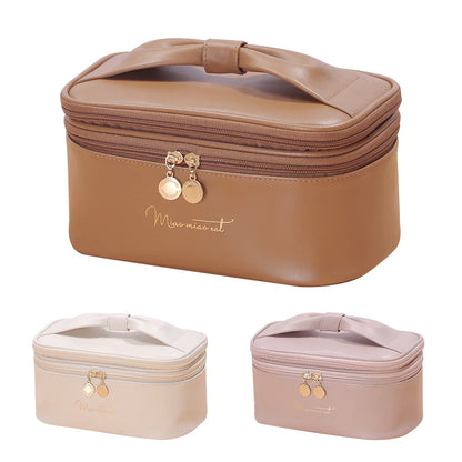 Brown Stylish PU Leather Makeup Bag - Large Capacity Double Layer Waterproof Travel Cosmetic Organizer Case for Women - Mekamart Australia