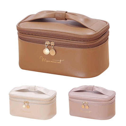 Pink Stylish PU Leather Makeup Bag - Large Capacity Double Layer Waterproof Travel Cosmetic Organizer Case for Women - Mekamart Australia