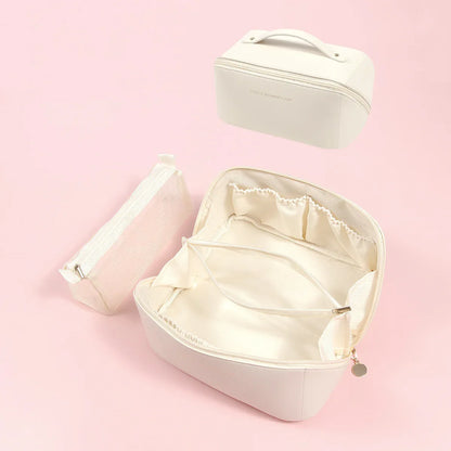 Beige Elegant PU Leather Makeup Bag & Toiletry Organizer with Detachable Mesh Pouch - Large Capacity Travel Cosmetic Case - Mekamart Australia