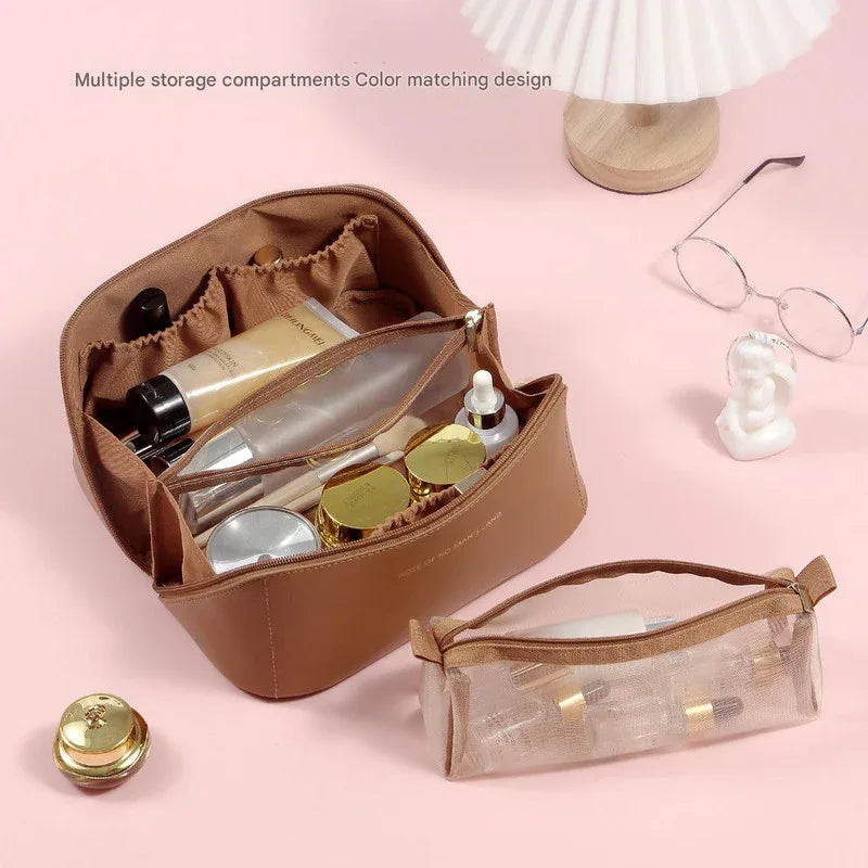 Beige Elegant PU Leather Makeup Bag & Toiletry Organizer with Detachable Mesh Pouch - Large Capacity Travel Cosmetic Case - Mekamart Australia