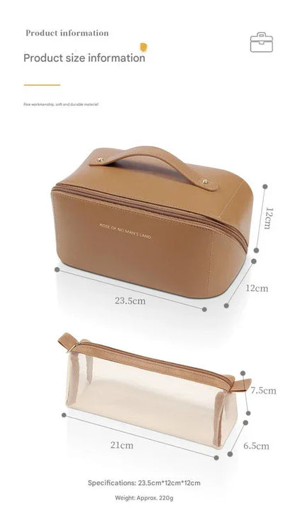 Beige Elegant PU Leather Makeup Bag & Toiletry Organizer with Detachable Mesh Pouch - Large Capacity Travel Cosmetic Case - Mekamart Australia