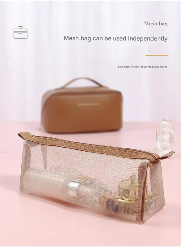 Pink Elegant PU Leather Makeup Bag & Toiletry Organizer with Detachable Mesh Pouch - Large Capacity Travel Cosmetic Case - Mekamart Australia