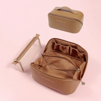 Brown Elegant PU Leather Makeup Bag & Toiletry Organizer with Detachable Mesh Pouch - Large Capacity Travel Cosmetic Case - Mekamart Australia