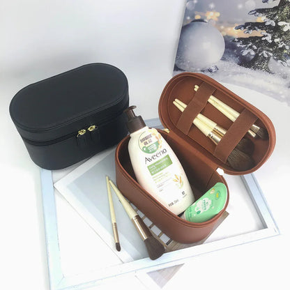 Brown Elegant PU Leather Makeup & Toiletry Bag - Large Capacity Travel Cosmetic Organizer with Brush Holder - Mekamart Australia