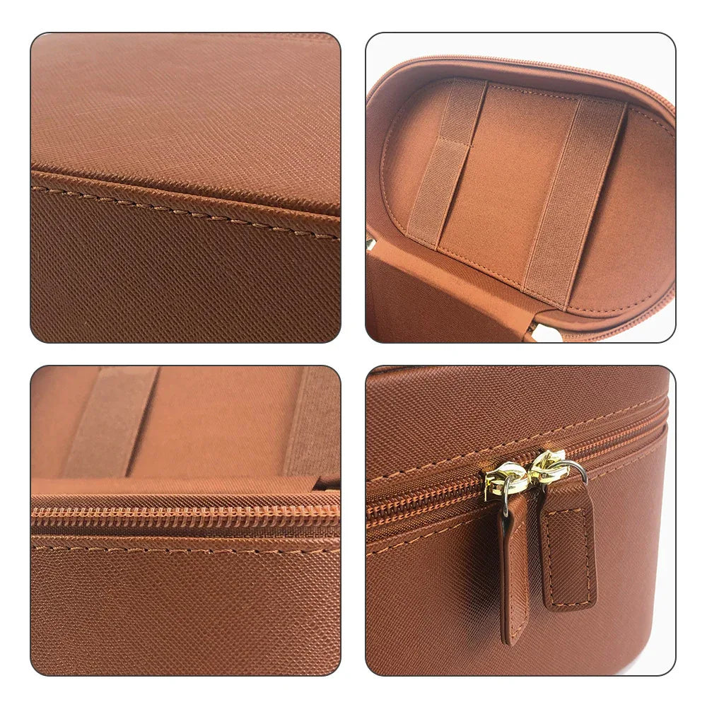 Brown Elegant PU Leather Makeup & Toiletry Bag - Large Capacity Travel Cosmetic Organizer with Brush Holder - Mekamart Australia
