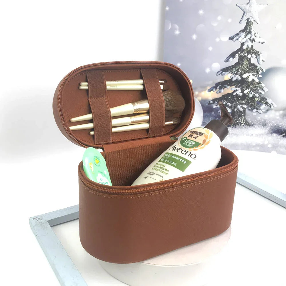 Beige Elegant PU Leather Makeup & Toiletry Bag - Large Capacity Travel Cosmetic Organizer with Brush Holder - Mekamart Australia