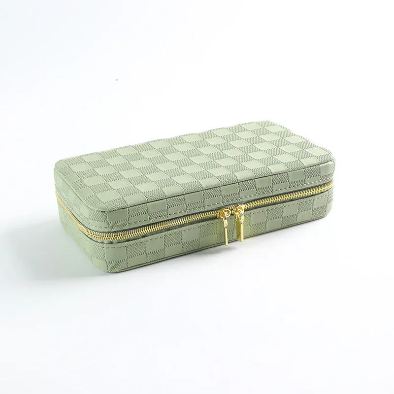 Green Stylish PU Leather Travel Jewellery Box - Compact Organizer for Rings, Earrings, Necklaces with Mirror - Mekamart Australia