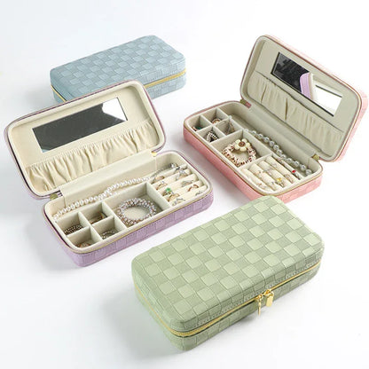 Pink Stylish PU Leather Travel Jewellery Box - Compact Organizer for Rings, Earrings, Necklaces with Mirror - Mekamart Australia