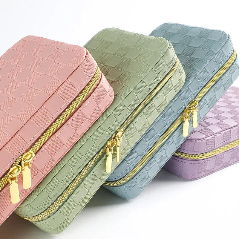 Pink Stylish PU Leather Travel Jewellery Box - Compact Organizer for Rings, Earrings, Necklaces with Mirror - Mekamart Australia