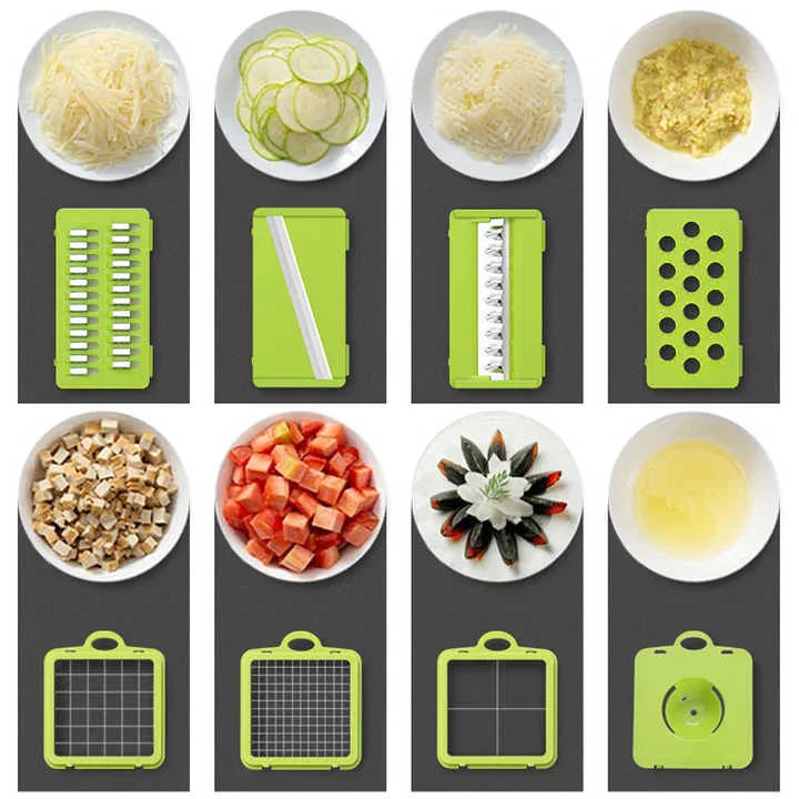 Green And Grey Ultimate 12-in-1 Multi-Functional Vegetable Slicer Dicer Chopper - Mandoline with Storage Containers & Drain Basket - Mekamart Australia