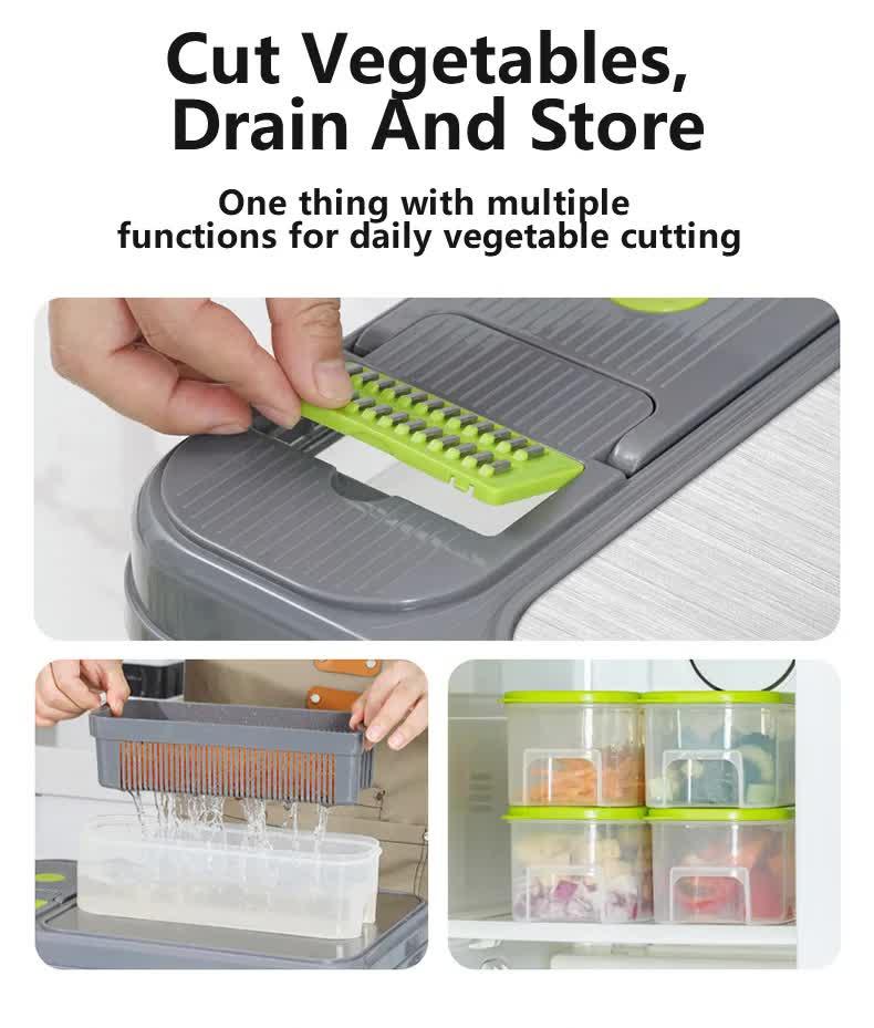Green And Grey Ultimate 12-in-1 Multi-Functional Vegetable Slicer Dicer Chopper - Mandoline with Storage Containers & Drain Basket - Mekamart Australia