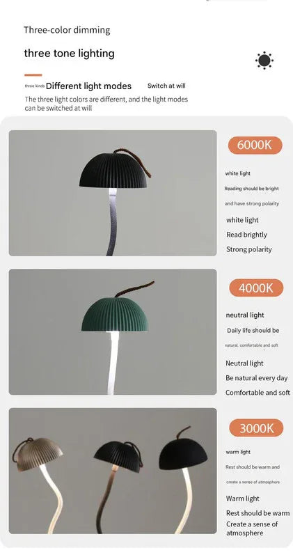 Black Sleek Minimalist LED Mushroom Table Lamp - Rechargeable 3-Color Touch Control, Bar & Ambient Light - Mekamart Australia