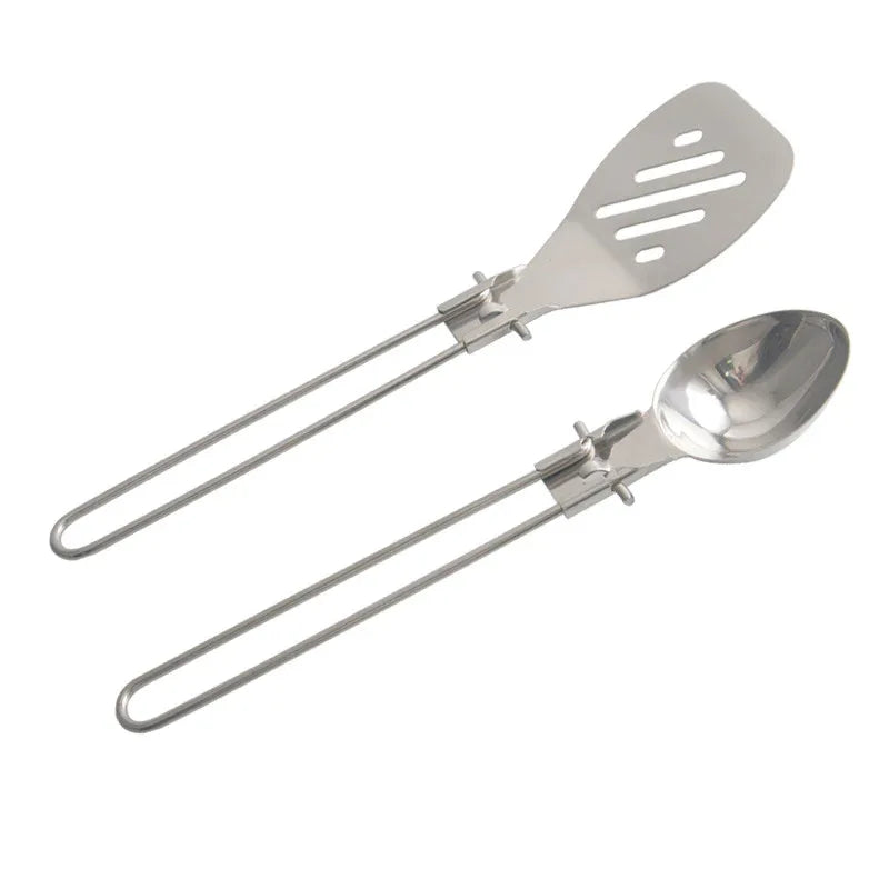 Silver Premium 304 Stainless Steel Folding Camping Utensil Set - Spatula & Deep Spoon Combo for Outdoor Cooking - Mekamart Australia