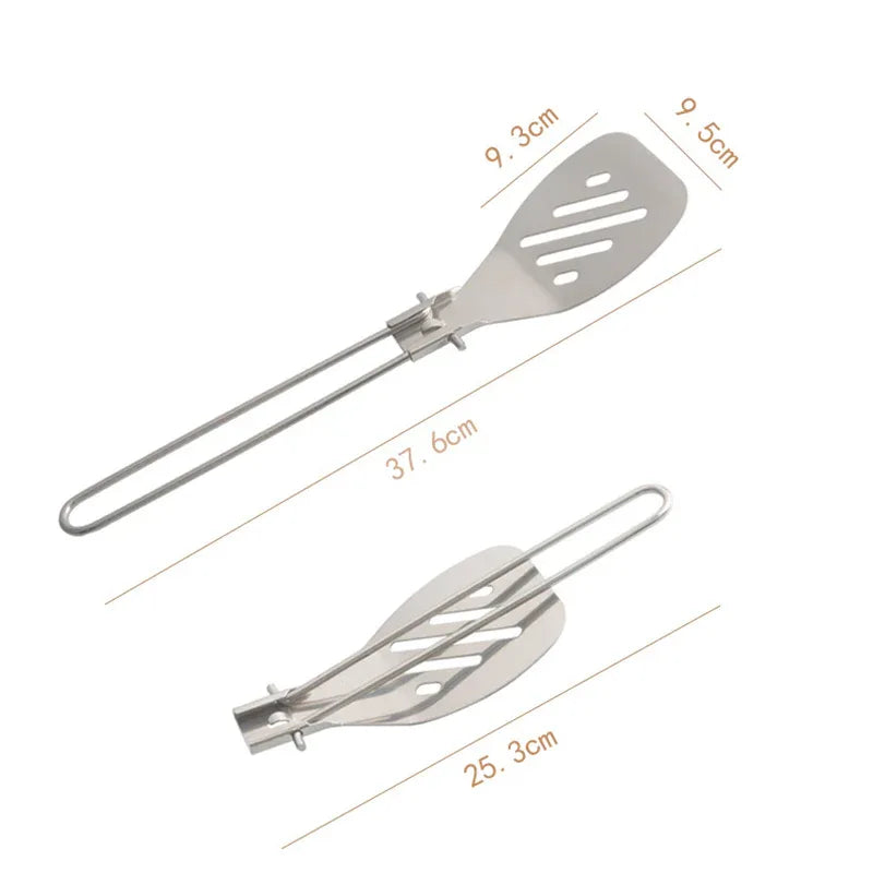 Silver Premium 304 Stainless Steel Folding Camping Utensil Set - Spatula & Deep Spoon Combo for Outdoor Cooking - Mekamart Australia