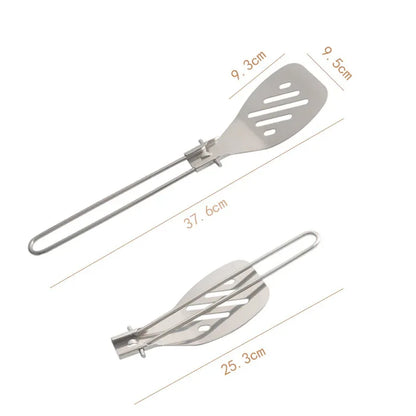 Silver Premium 304 Stainless Steel Folding Camping Utensil Set - Spatula & Deep Spoon Combo for Outdoor Cooking - Mekamart Australia
