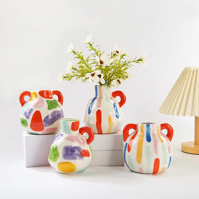 Colorful Artistic Hand-Painted Ceramic Vase - Dual Handle Pot Style - Colourful Striped Home Decor Accent - Mekamart Australia