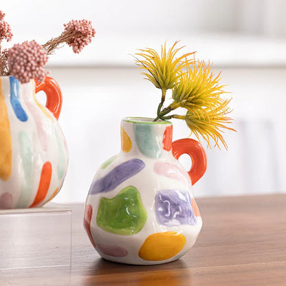 Colorful Artistic Hand-Painted Ceramic Vase - Dual Handle Pot Style - Colourful Striped Home Decor Accent - Mekamart Australia