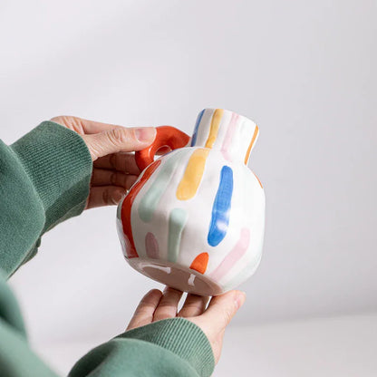 Colorful Artistic Hand-Painted Ceramic Vase - Dual Handle Pot Style - Colourful Striped Home Decor Accent - Mekamart Australia