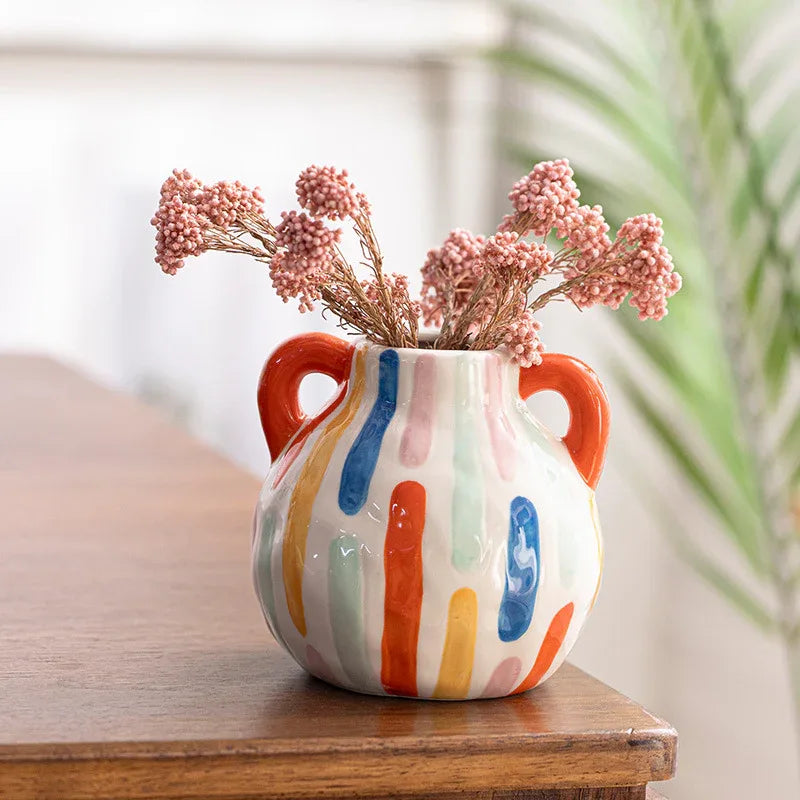 Colorful Artistic Hand-Painted Ceramic Vase - Dual Handle Pot Style - Colourful Striped Home Decor Accent - Mekamart Australia