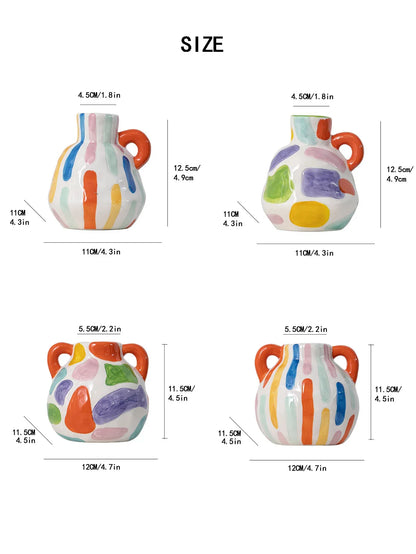 Colorful Artistic Hand-Painted Ceramic Vase - Dual Handle Pot Style - Colourful Striped Home Decor Accent - Mekamart Australia