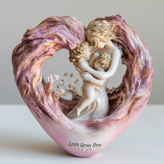 Pink Heartfelt Mother & Two Children Resin Figurine - "Love Grows Here" Decorative Home Accent Sculpture - Mekamart Australia