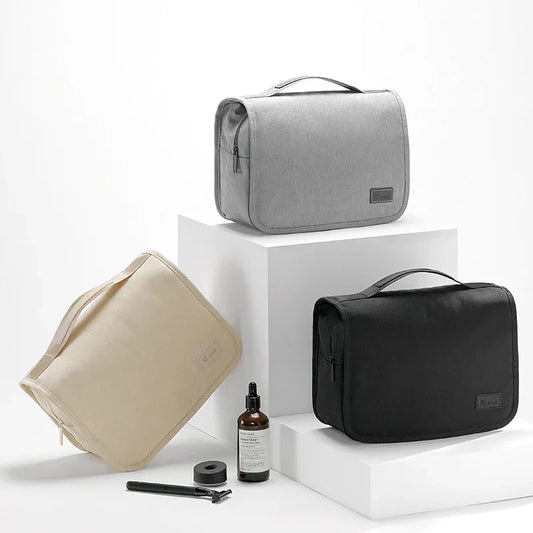 Beige Eco-Friendly RPET Hanging Toiletry Bag - Large Capacity Waterproof Travel Makeup Organizer - Mekamart Australia