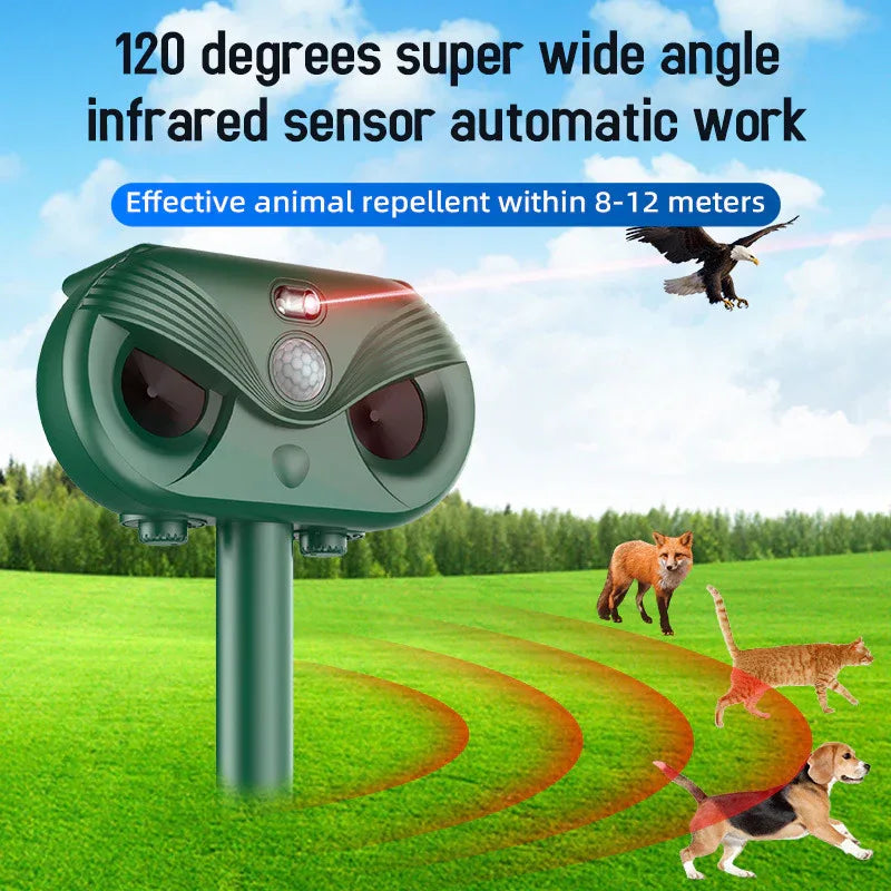 Green Advanced Solar Powered Ultrasonic Animal Repeller - Outdoor Pest Deterrent with Motion Sensor, Strobe Light & Laser - Mekamart Australia
