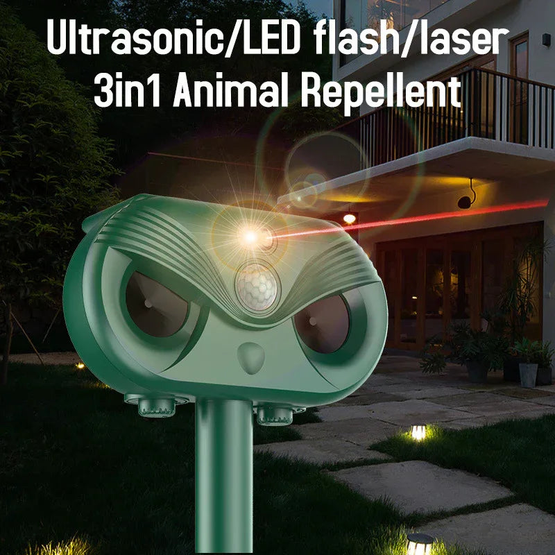 Green Advanced Solar Powered Ultrasonic Animal Repeller - Outdoor Pest Deterrent with Motion Sensor, Strobe Light & Laser - Mekamart Australia