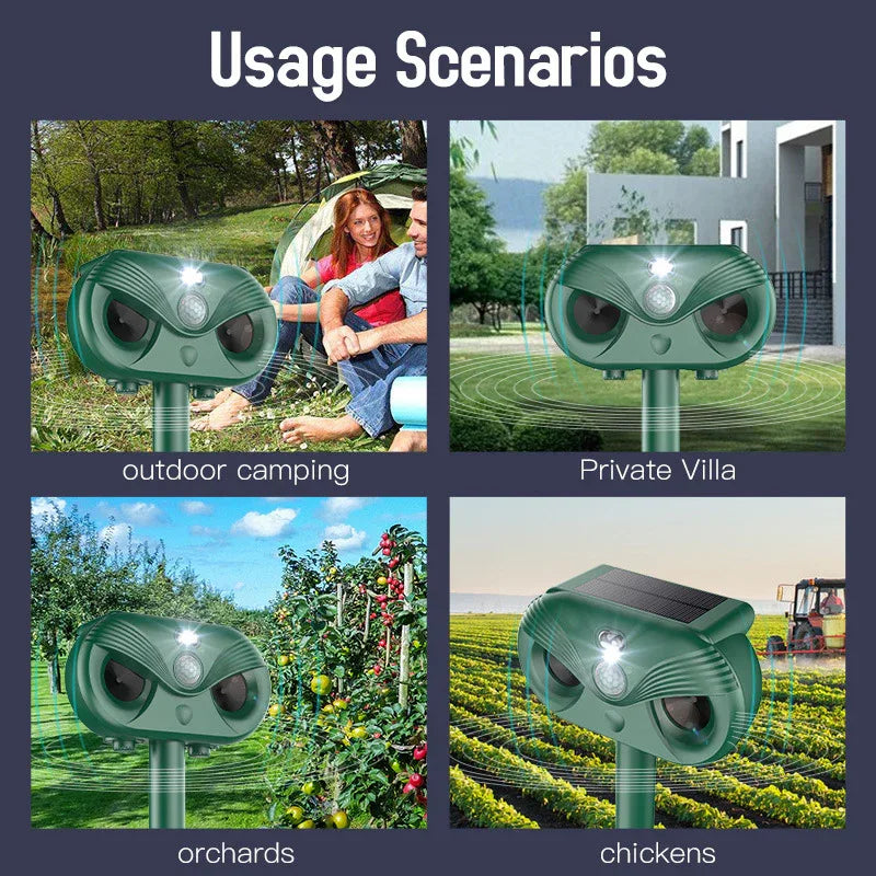 Green Advanced Solar Powered Ultrasonic Animal Repeller - Outdoor Pest Deterrent with Motion Sensor, Strobe Light & Laser - Mekamart Australia