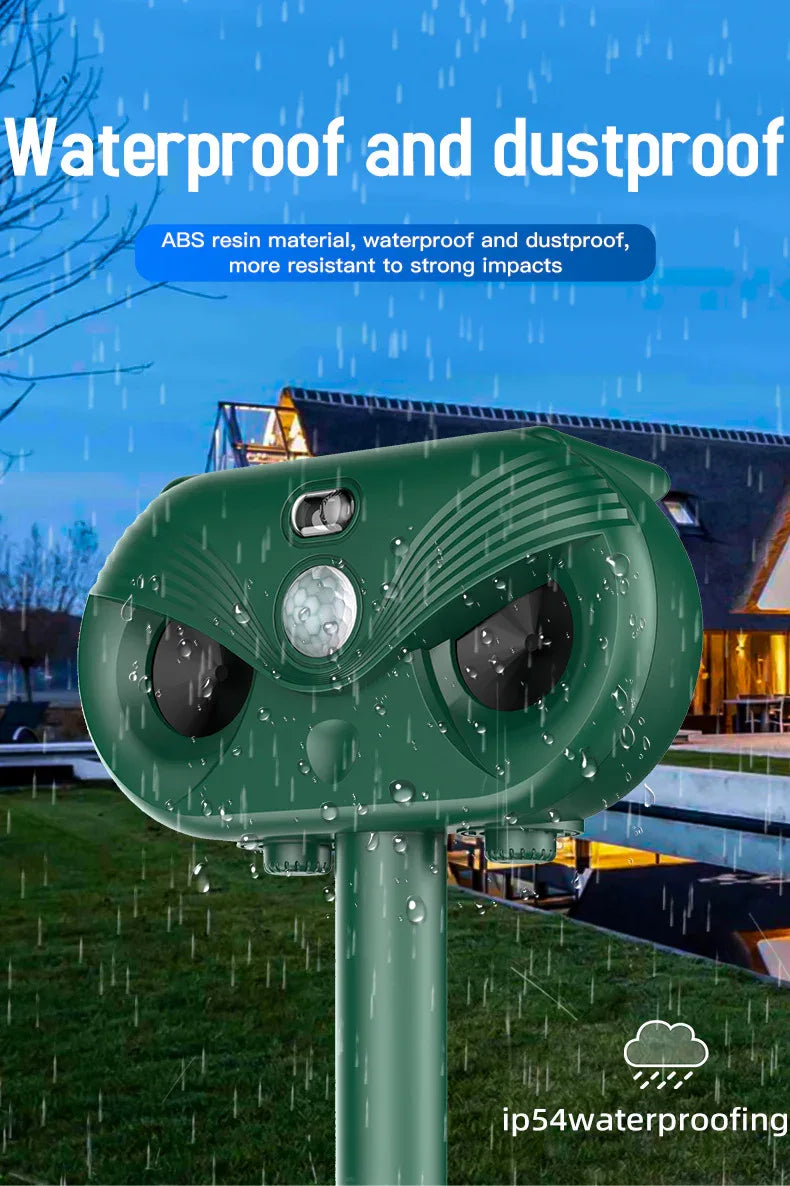 Black Advanced Solar Powered Ultrasonic Animal Repeller - Outdoor Pest Deterrent with Motion Sensor, Strobe Light & Laser - Mekamart Australia