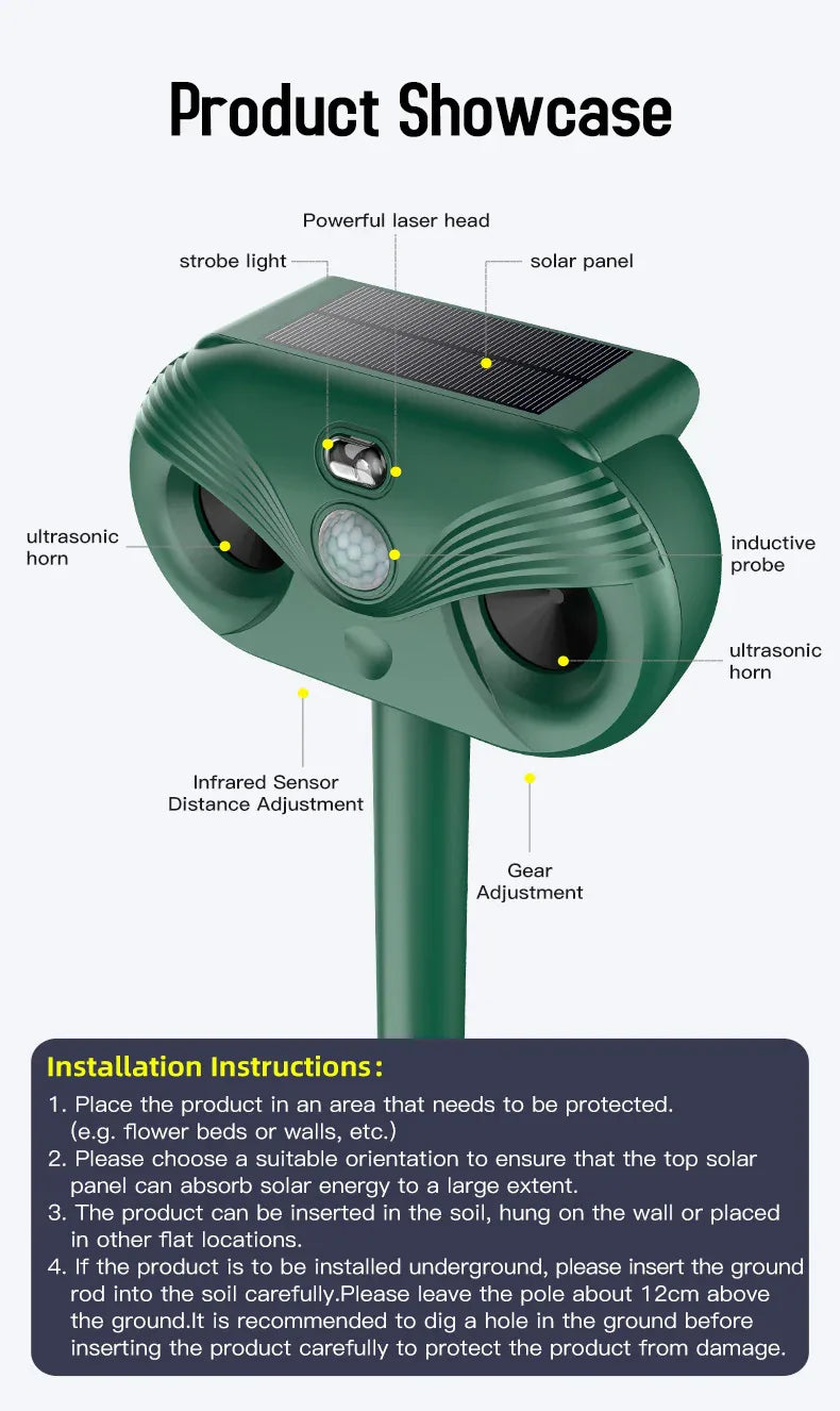 Black Advanced Solar Powered Ultrasonic Animal Repeller - Outdoor Pest Deterrent with Motion Sensor, Strobe Light & Laser - Mekamart Australia