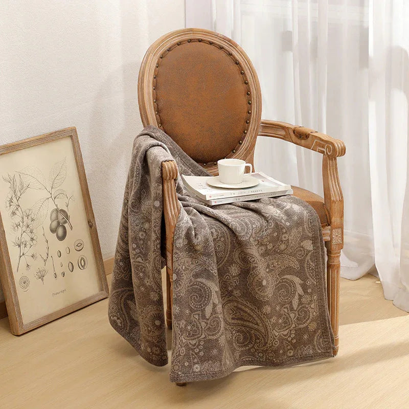 Brown Luxurious Paisley Jacquard Throw Blanket - Soft Wool Blend with Tassels, 120x150cm, Lightweight Sofa & Nap Blanket - Mekamart Australia