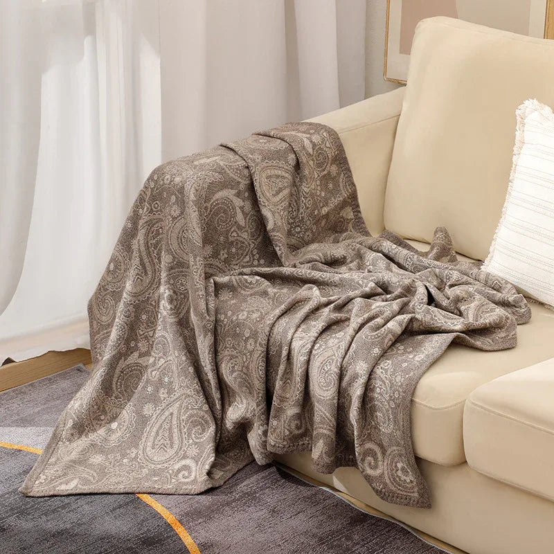 Brown Luxurious Paisley Jacquard Throw Blanket - Soft Wool Blend with Tassels, 120x150cm, Lightweight Sofa & Nap Blanket - Mekamart Australia