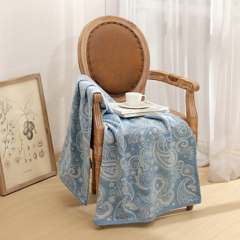 Blue Luxurious Paisley Jacquard Throw Blanket - Soft Wool Blend with Tassels, 120x150cm, Lightweight Sofa & Nap Blanket - Mekamart Australia