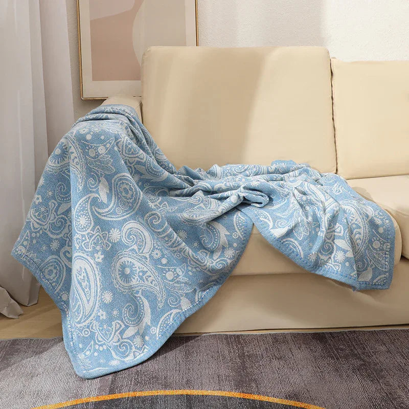 Blue Luxurious Paisley Jacquard Throw Blanket - Soft Wool Blend with Tassels, 120x150cm, Lightweight Sofa & Nap Blanket - Mekamart Australia