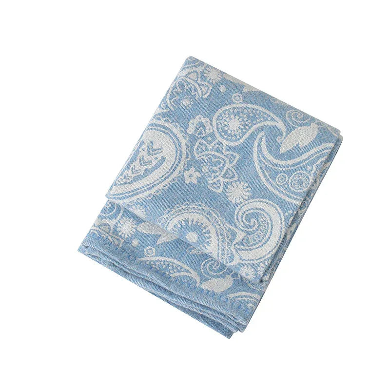 Blue Luxurious Paisley Jacquard Throw Blanket - Soft Wool Blend with Tassels, 120x150cm, Lightweight Sofa & Nap Blanket - Mekamart Australia
