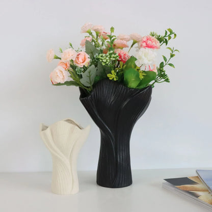 Beige Elegant Off-White Ceramic Vase - Modern Sculptural Flower Holder with Wide Fluted Opening - Mekamart Australia