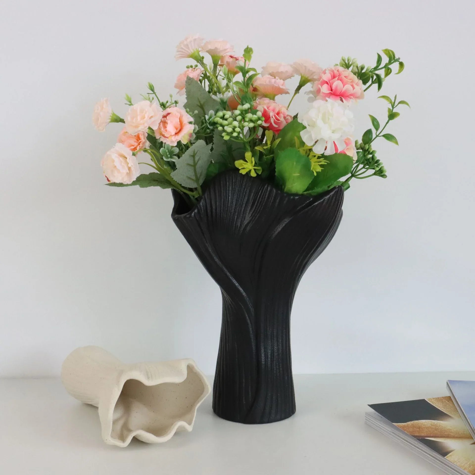 Beige Elegant Off-White Ceramic Vase - Modern Sculptural Flower Holder with Wide Fluted Opening - Mekamart Australia