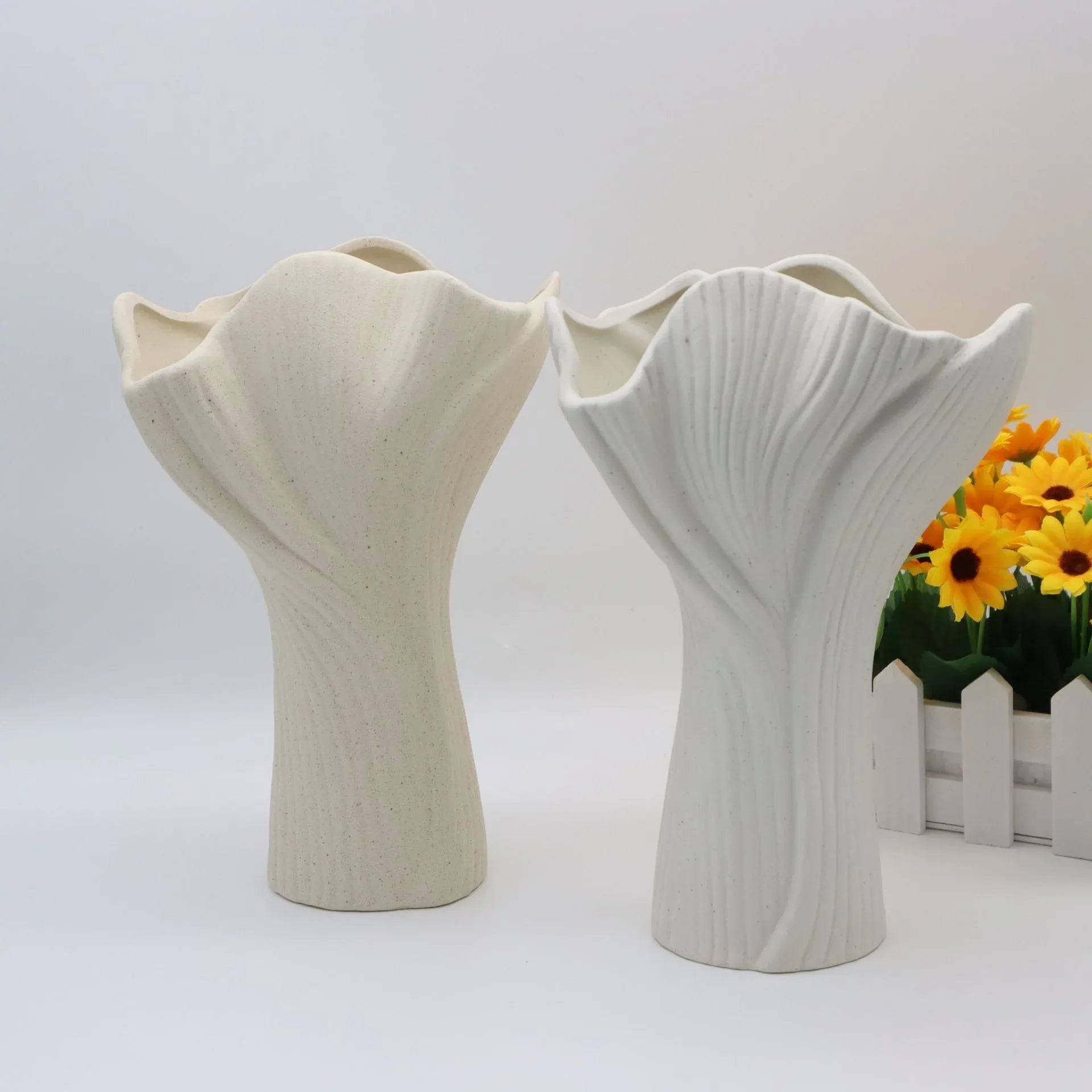 Beige Elegant Off-White Ceramic Vase - Modern Sculptural Flower Holder with Wide Fluted Opening - Mekamart Australia