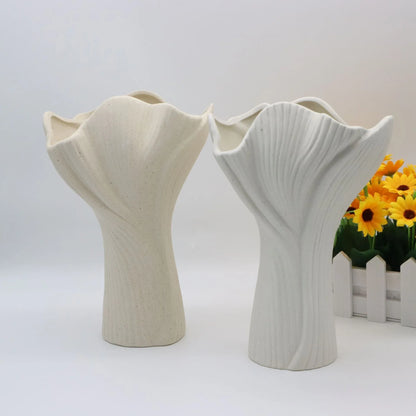 Beige Elegant Off-White Ceramic Vase - Modern Sculptural Flower Holder with Wide Fluted Opening - Mekamart Australia