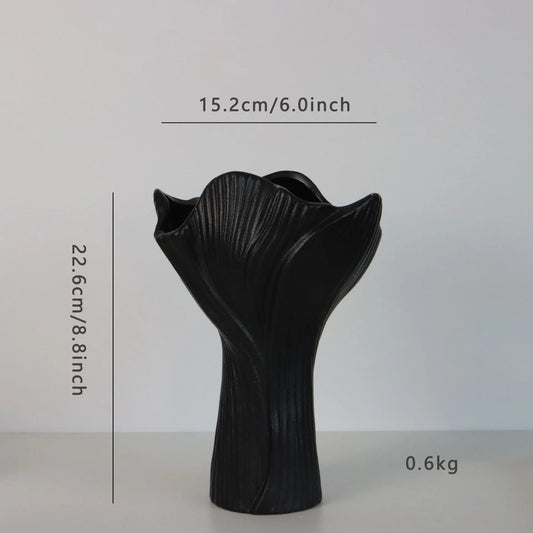 Black Elegant Off-White Ceramic Vase - Modern Sculptural Flower Holder with Wide Fluted Opening - Mekamart Australia