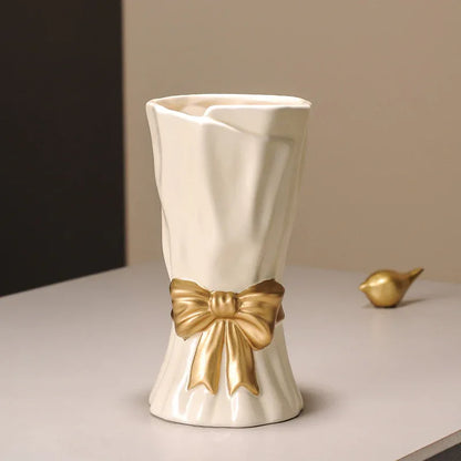 Beige Elegant Ceramic Vase with Golden Bow Accent - Textured Relief Flower Holder for Living Room & Dining Table Decor - Mekamart Australia