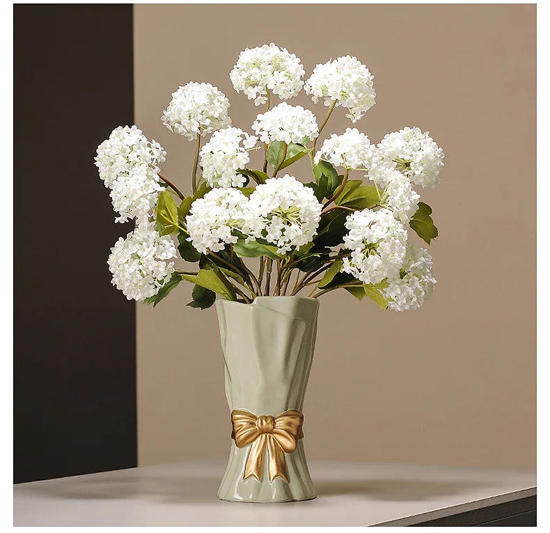 Beige Elegant Ceramic Vase with Golden Bow Accent - Textured Relief Flower Holder for Living Room & Dining Table Decor - Mekamart Australia