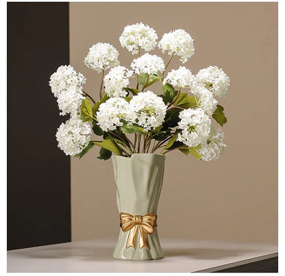 Beige Elegant Ceramic Vase with Golden Bow Accent - Textured Relief Flower Holder for Living Room & Dining Table Decor - Mekamart Australia