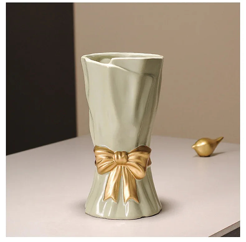 Beige Elegant Ceramic Vase with Golden Bow Accent - Textured Relief Flower Holder for Living Room & Dining Table Decor - Mekamart Australia
