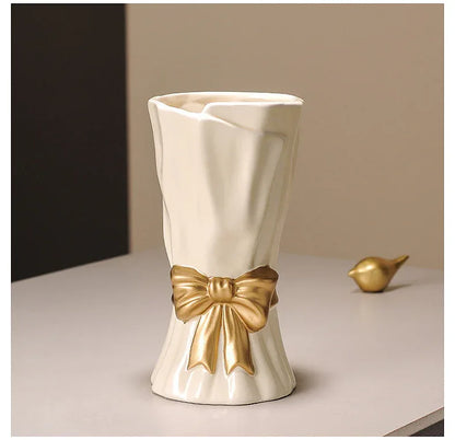 Green Elegant Ceramic Vase with Golden Bow Accent - Textured Relief Flower Holder for Living Room & Dining Table Decor - Mekamart Australia