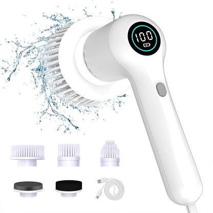 White Rechargeable Electric Spin Scrubber - Waterproof Power Cleaning Brush with 5 Heads & Digital Display for Bathroom, Kitchen & More
